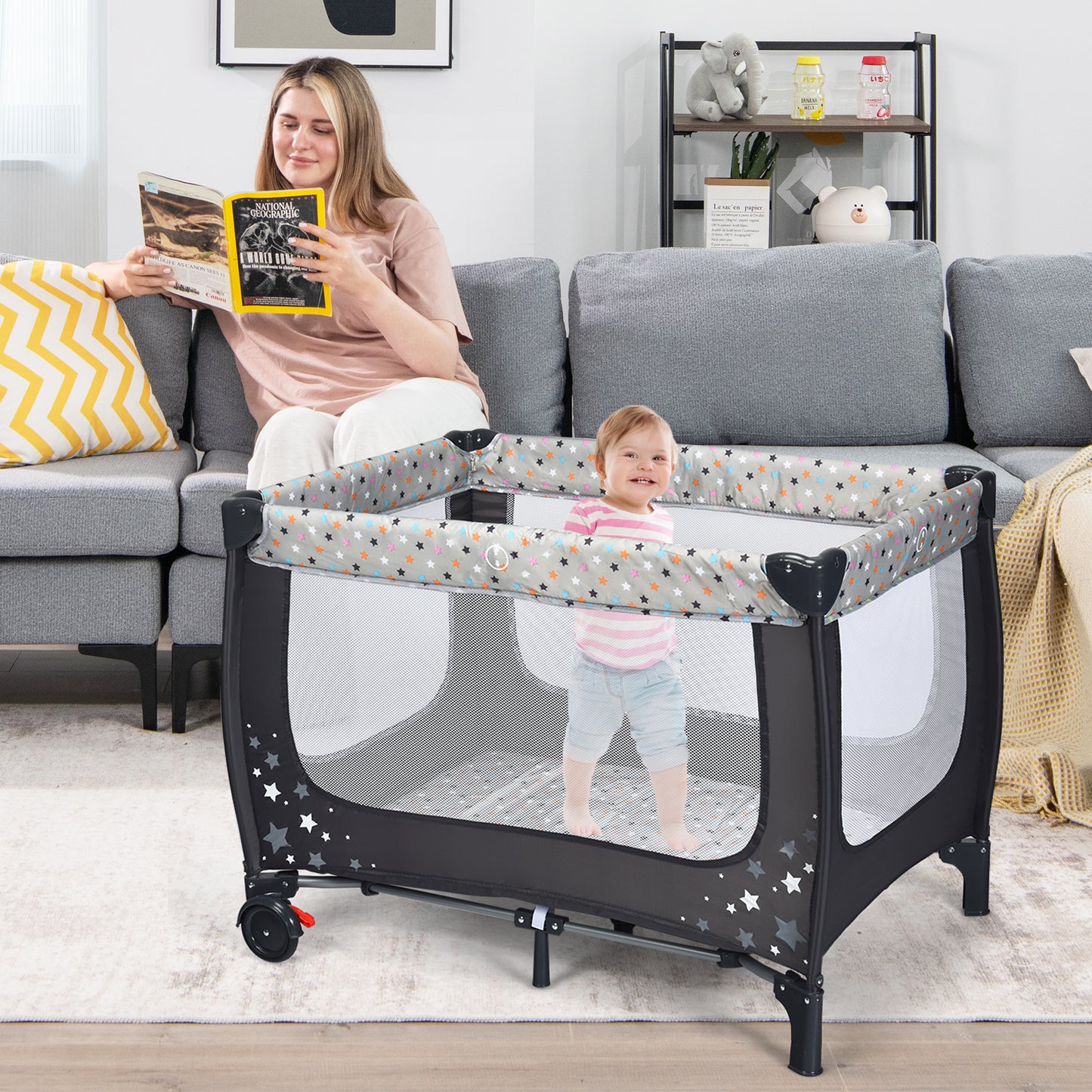 2-in-1 Foldable Baby Playpen with Lockable Wheels and Mattress-Blue