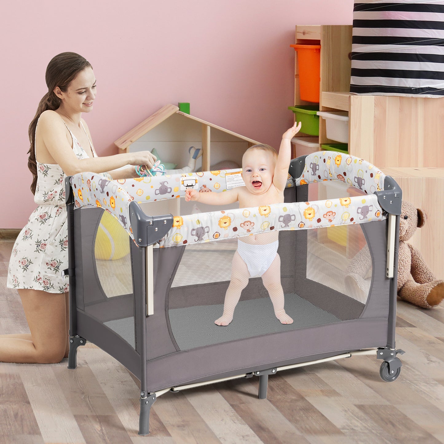 3-in-1 Foldable Baby Travel Cot with Changing Tab and Mattress-Dark Grey