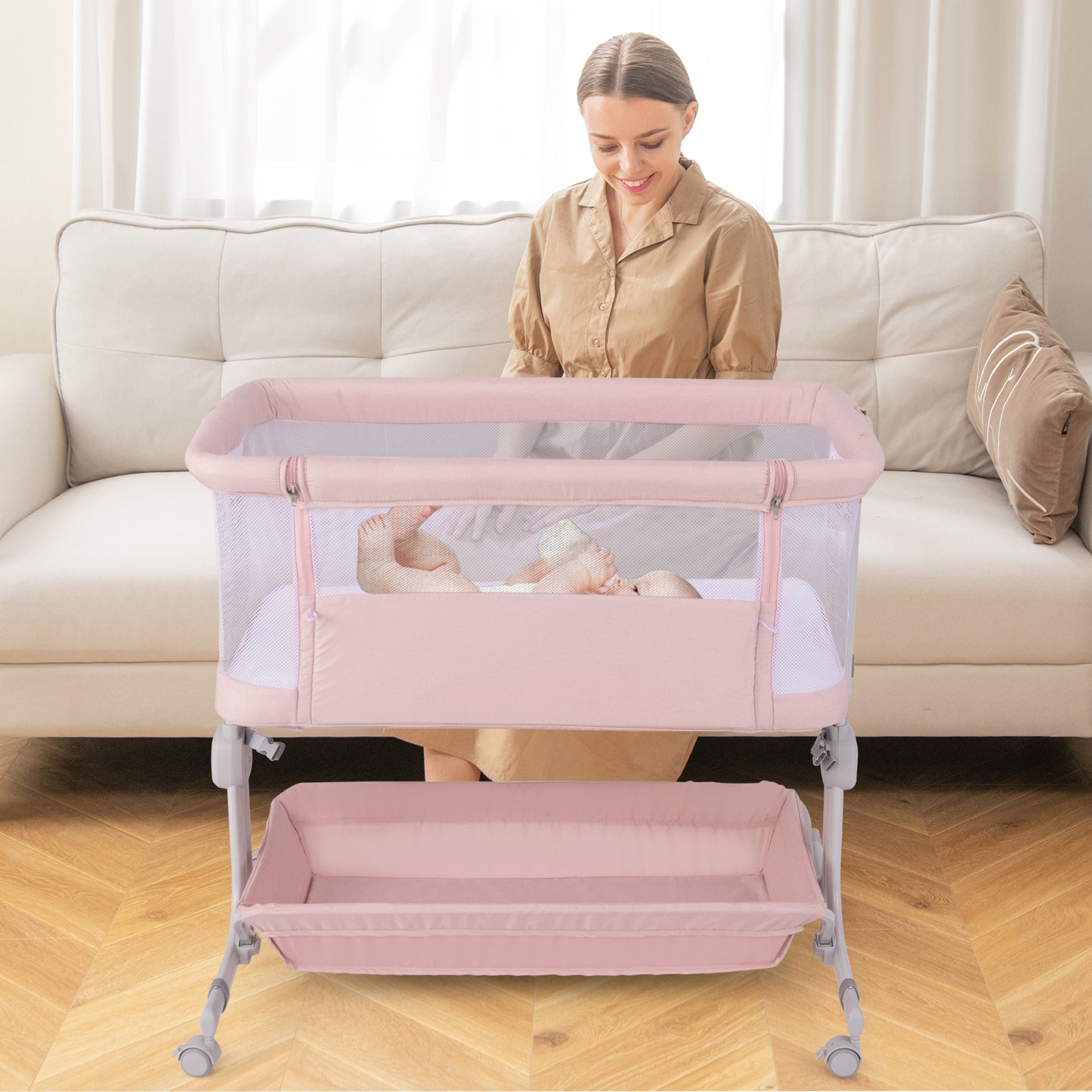 Baby Bassinet Bedside Sleeper with 6-Level Adjustable Height and Storage Shelf-Beige