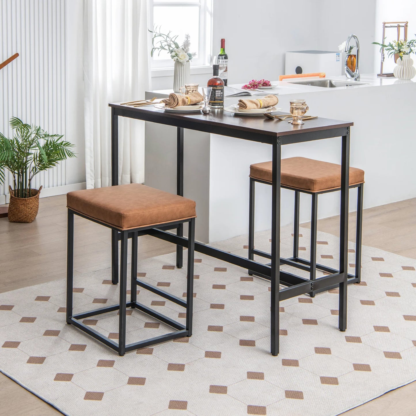 Bar Stools Set of 4 with PVC Leather Cushion Brown