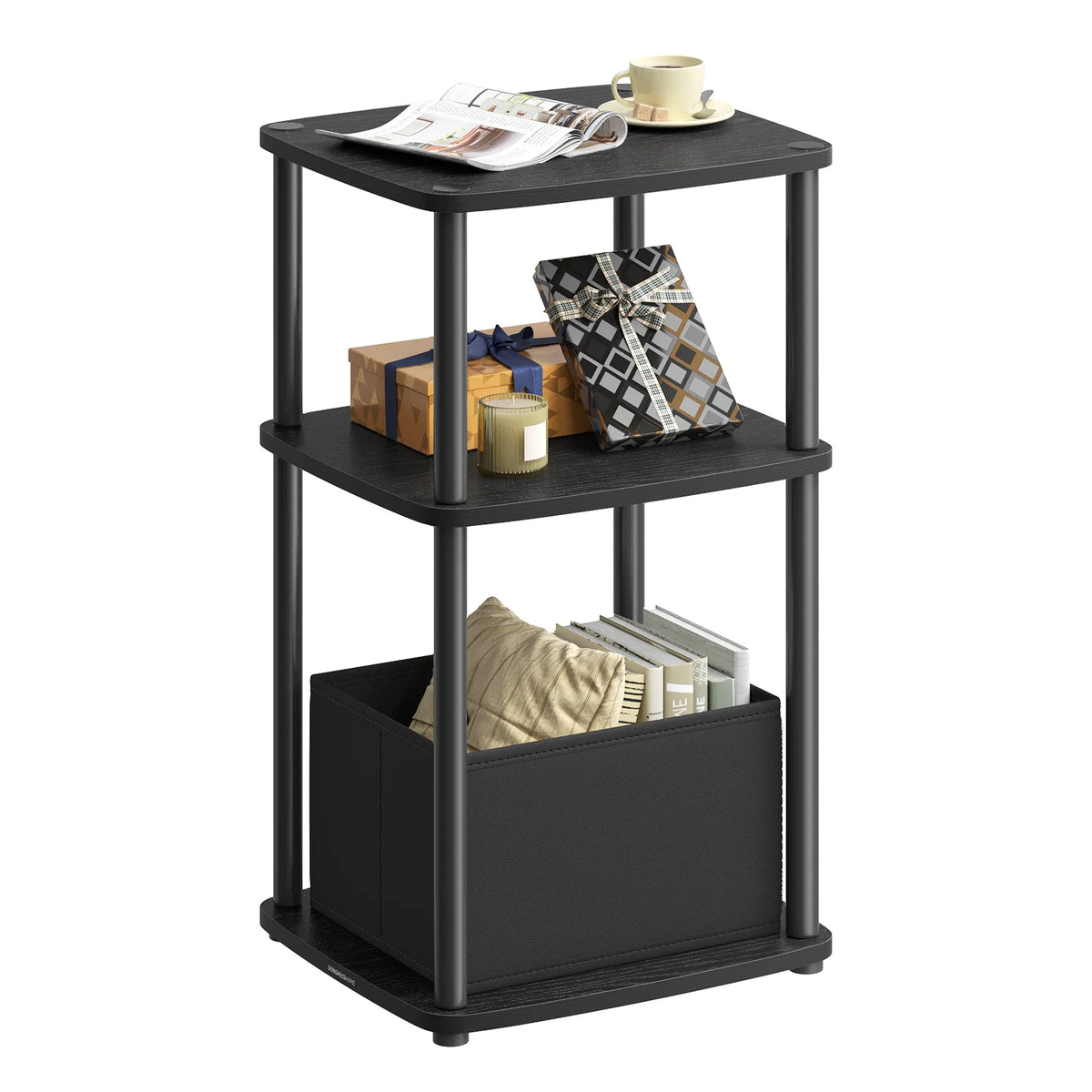 Black Side Table with 3 Shelves & Fabric Basket Bedside End Table Home Storage