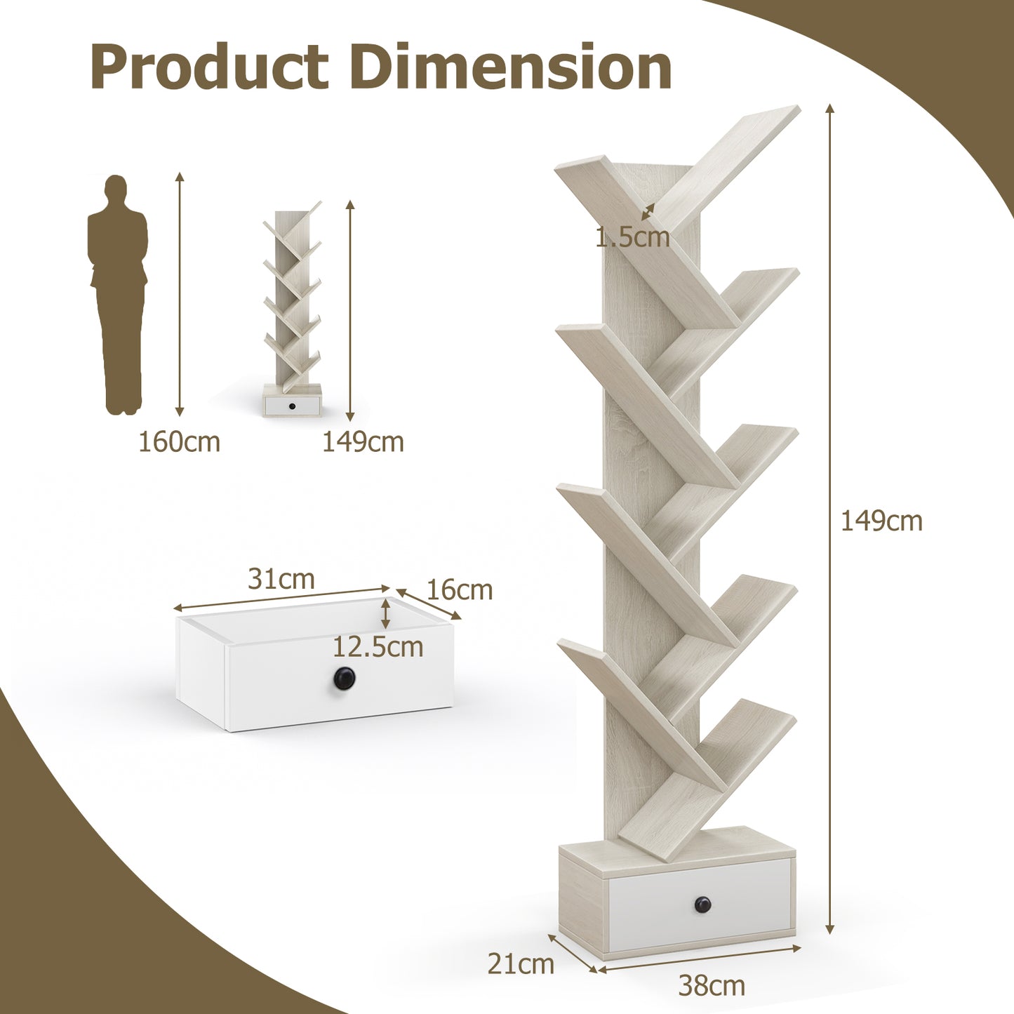 10-Tier Tree Bookshelf with Drawer with Anti-Tipping Kit-Brown