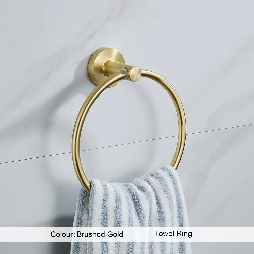 Brushed Gold Wall Mount Toilet Accessories - Towel Bar, Roll Holder, Robe Hook