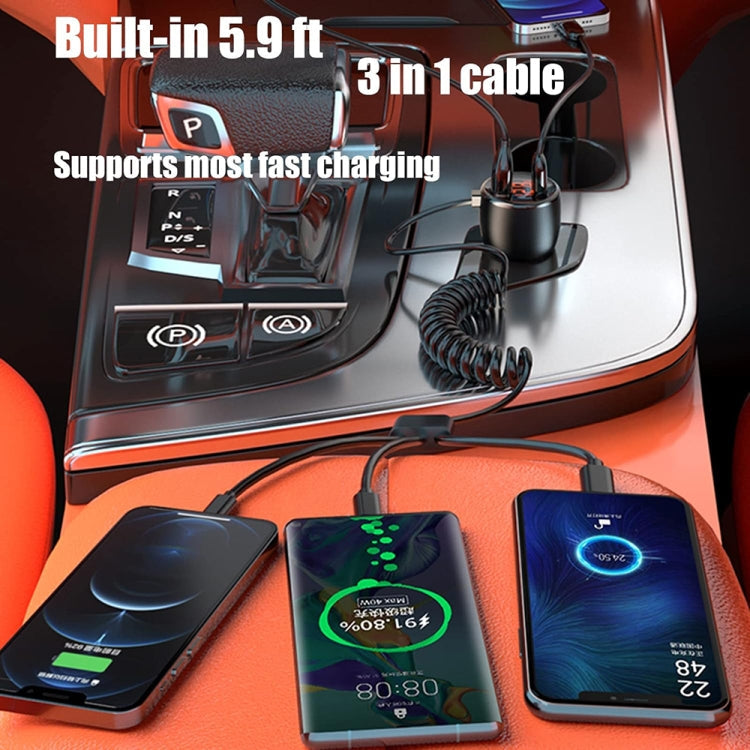 Ozio HX08 231W Type-C + USB Dual Port Car Charger with 3 in 1 Spring Data Cable