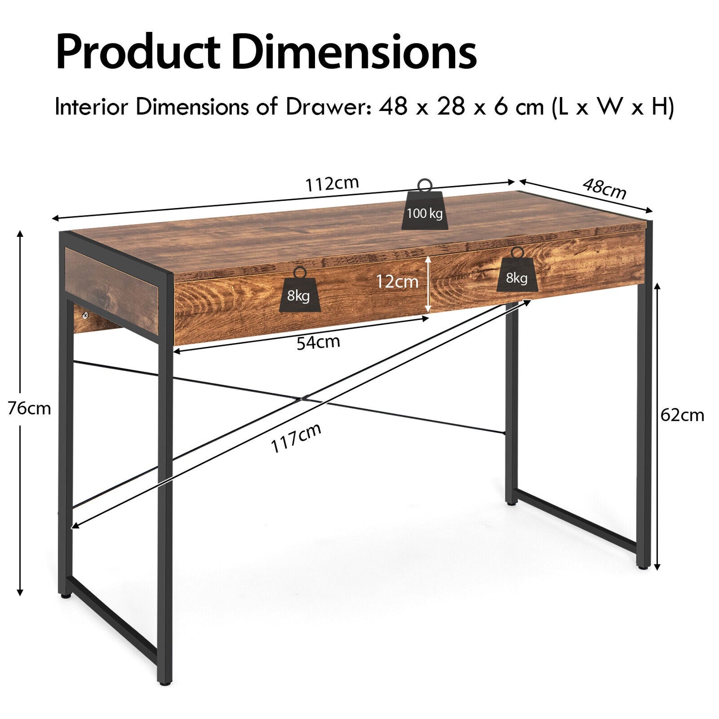 112 x 48 x 76cm Wooden Study Computer Desk with 2 Drawers-Black