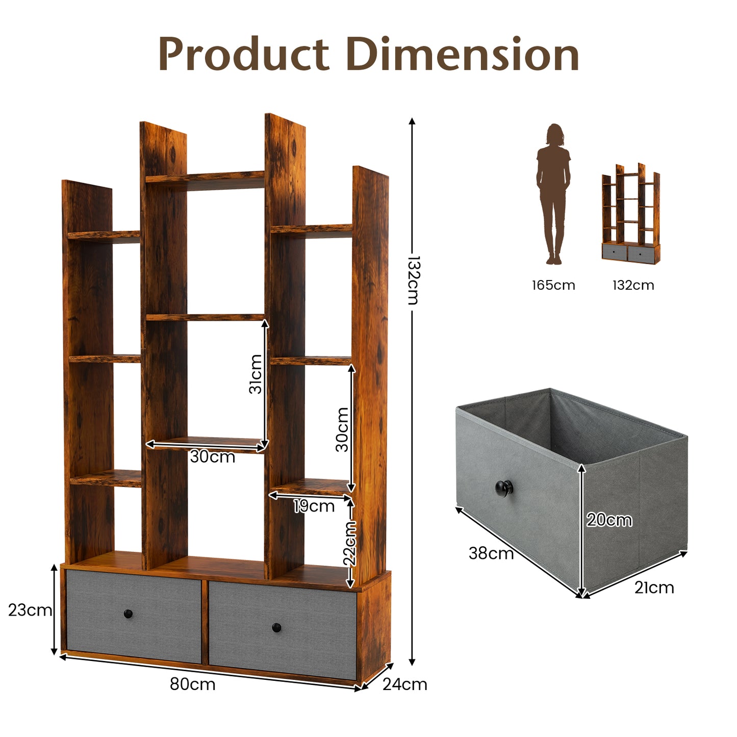 12-Tier Wooden Bookshelf with Folding Drawer for Study Living Room-White
