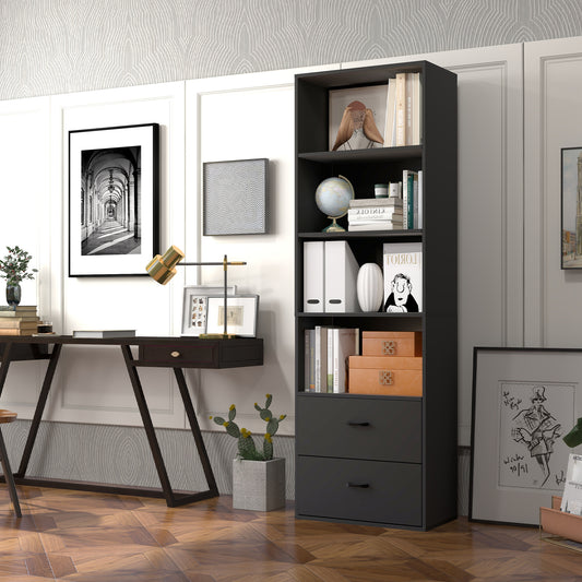 6-Tier Modern Wooden Bookshelf with 4 Open Shelves and 2 Drawers-Black