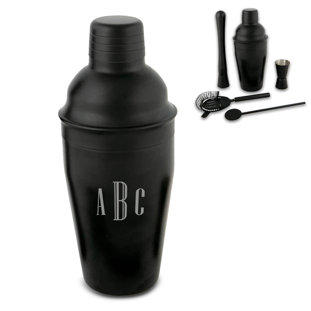 Engraved Black Cocktail Shaker Set with Triple Initials