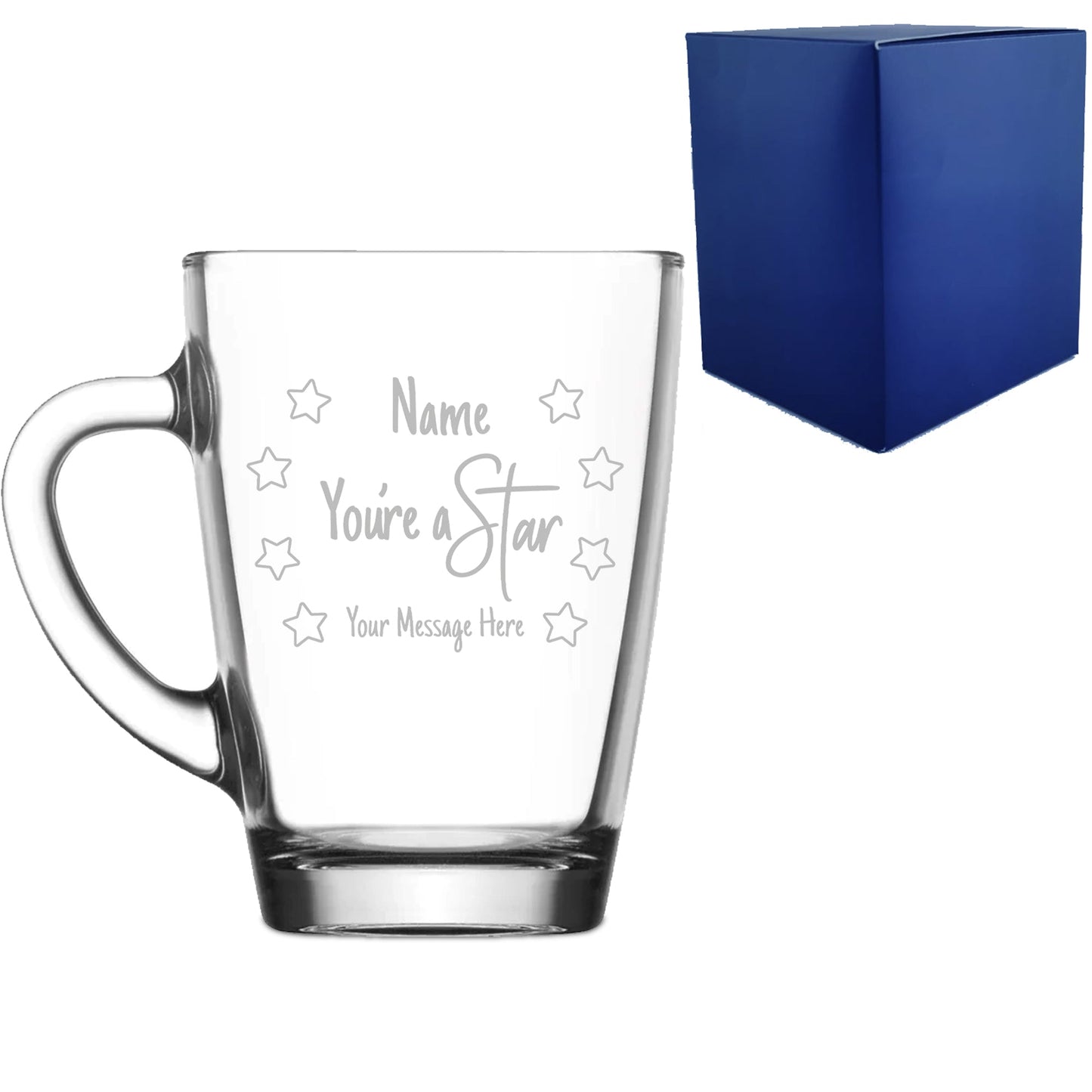 Engraved Glass Coffee Hot Drink Designs Tea Mug with You're A Star Design