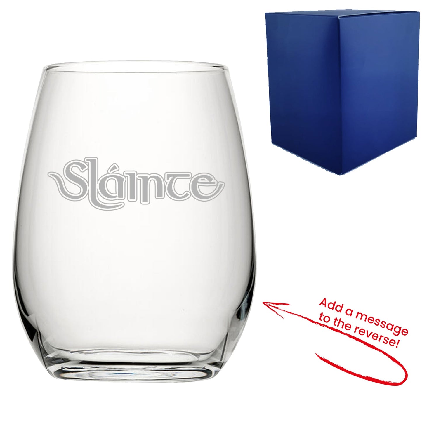 Engraved Stemless Wine Glass with Slainte Celtic Design, Add a Personalised Message to the Reverse