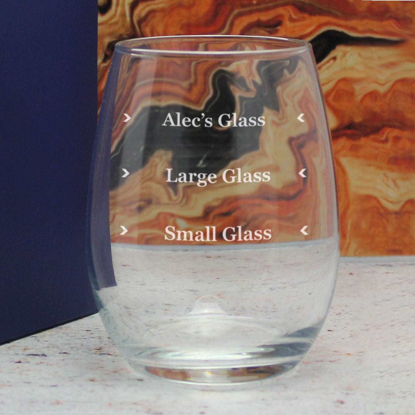 Personalised Engraved Stemless Amber Wine Glass with Name's Glass Serif Measurements Design, Customise with Any Name