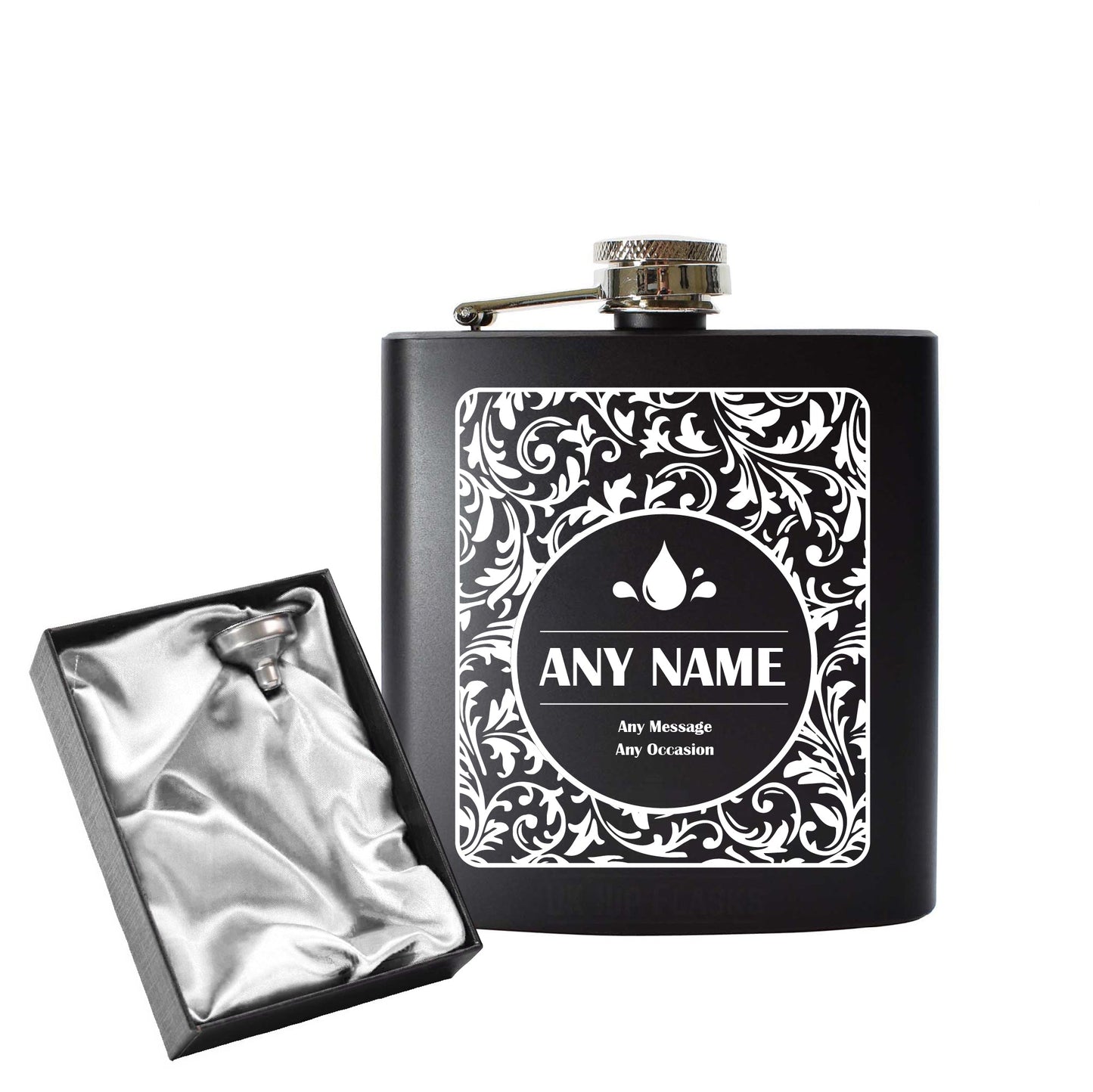 Engraved 6oz Black Hip flask with Fern leaf background