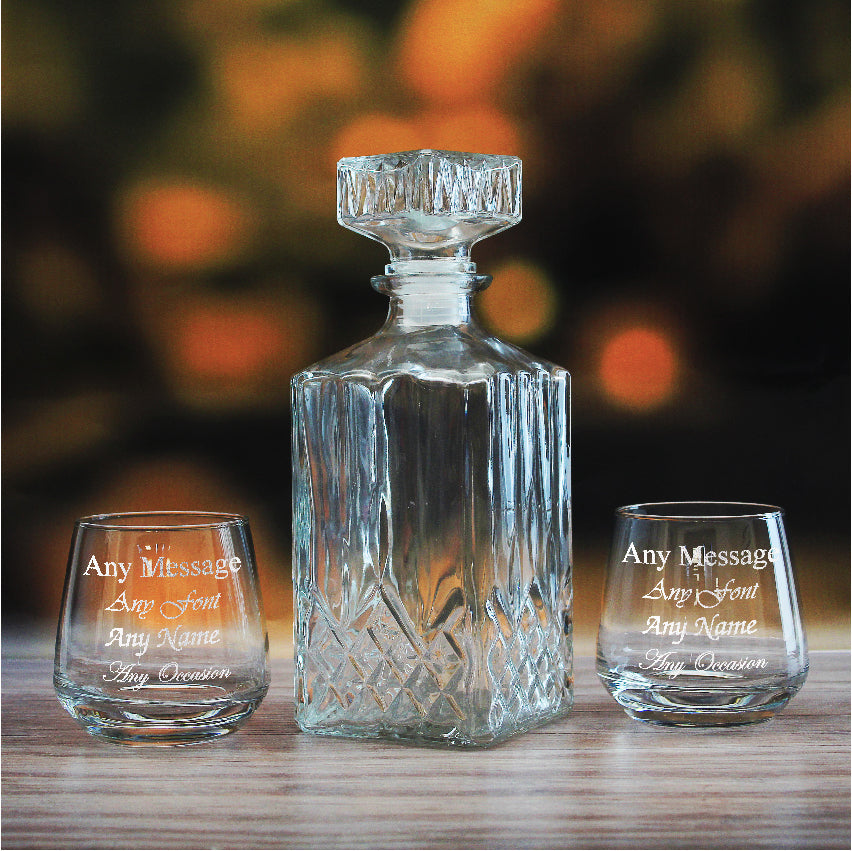 Set of 2 Engraved 345ml Tallo Tumblers and Prysm Decanter