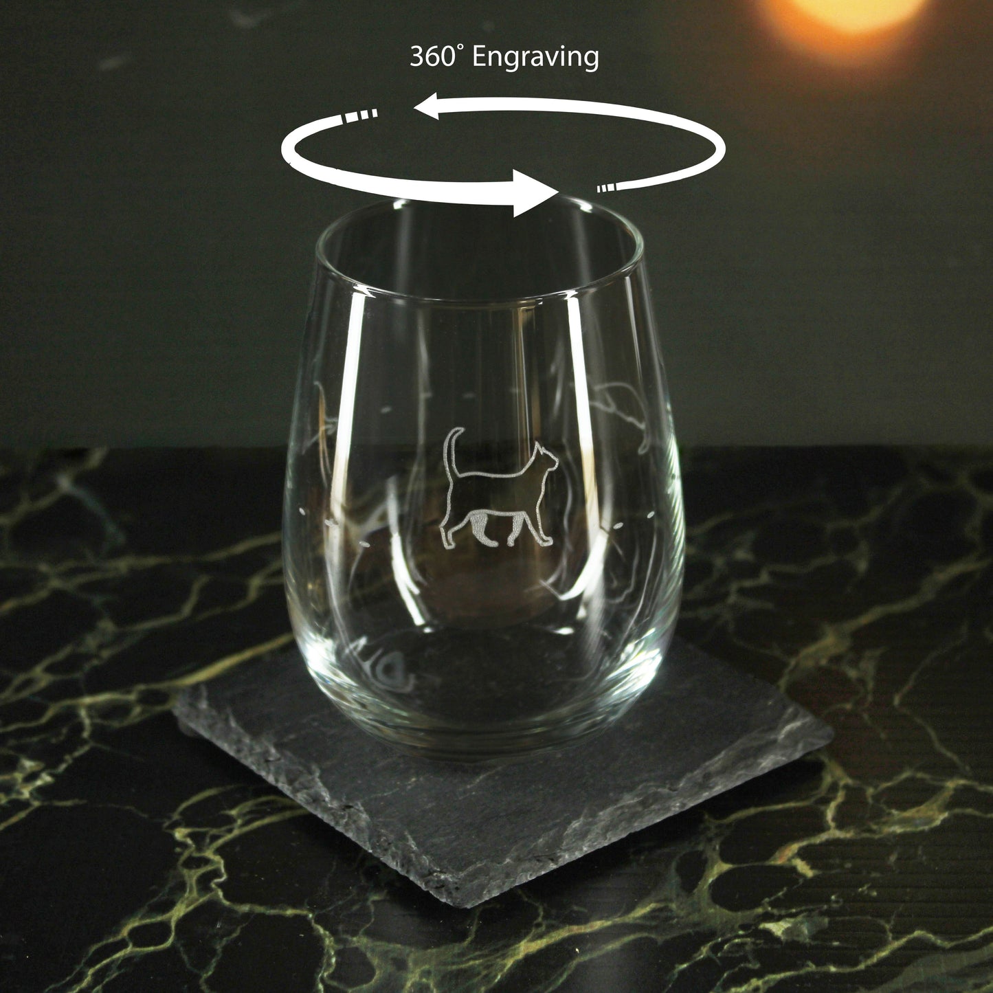 Engraved Cat Pattern Set of 4 Gaia Stemless Wine 12oz Glasses