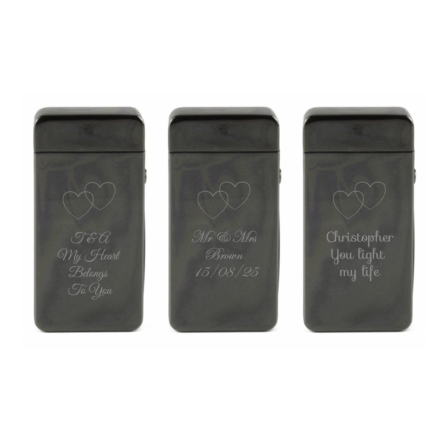 Engraved Electric Arc Lighter, Black, Overlapping Hearts