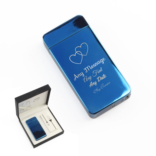 Engraved Electric Arc Lighter, Blue, Overlapping Hearts