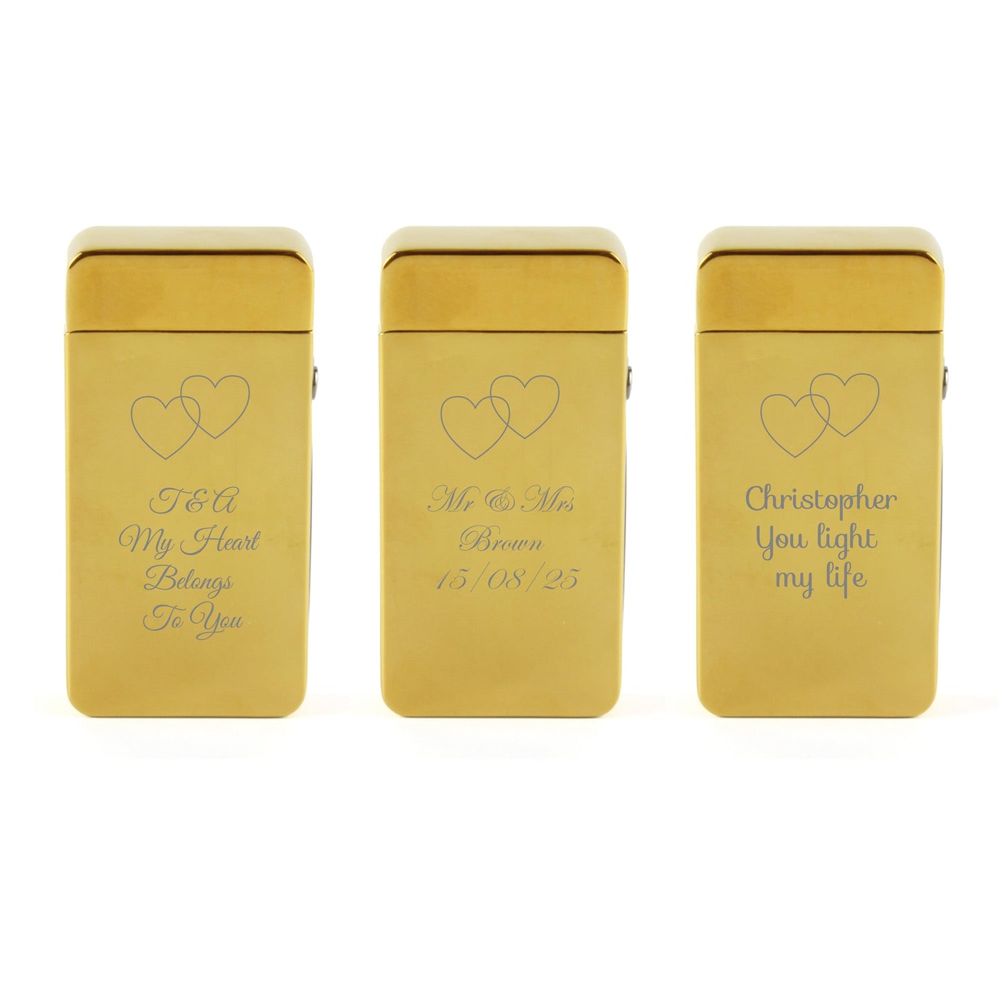Engraved Electric Arc Lighter, Gold, Overlapping Hearts