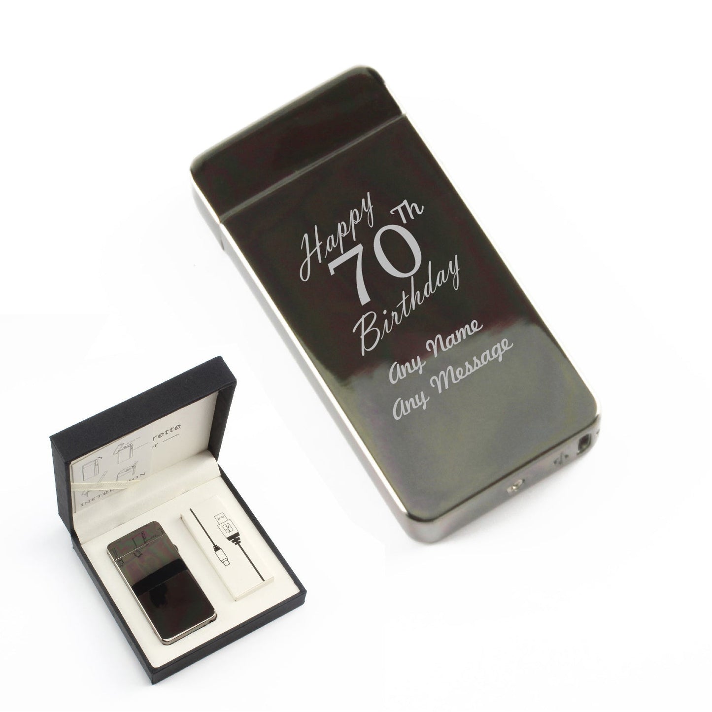 Engraved Electric Arc Lighter, Black, Happy 70th Birthday, Gift Boxed