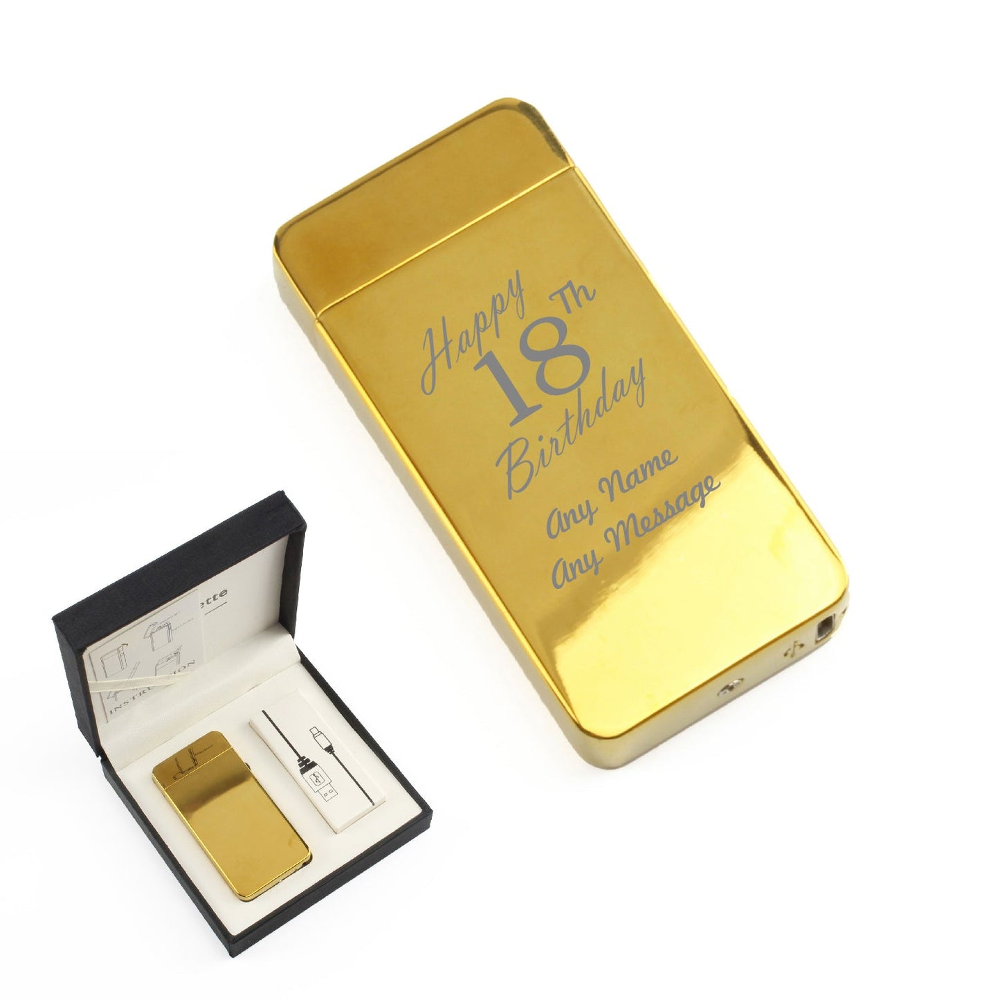 Engraved Electric Arc Lighter, Gold, Happy 18th Birthday, Gift Boxed