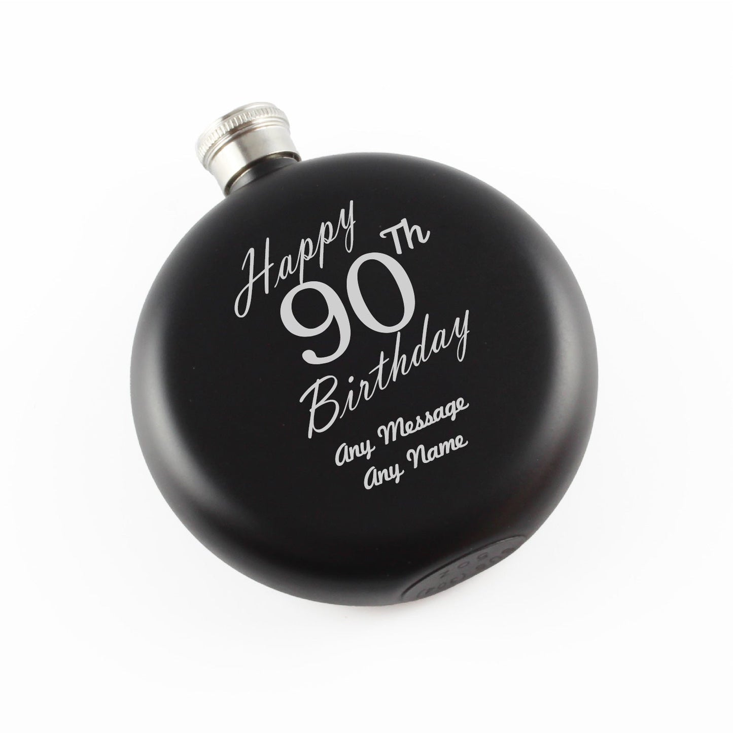 Engraved 5oz Round Black Hip Flask Happy 90th Birthday