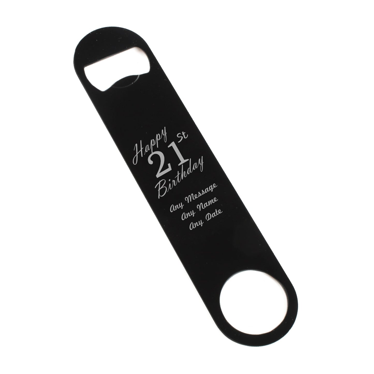 Engraved Large Black Steel Bar Blade Bottle Opener Happy 21st Birthday