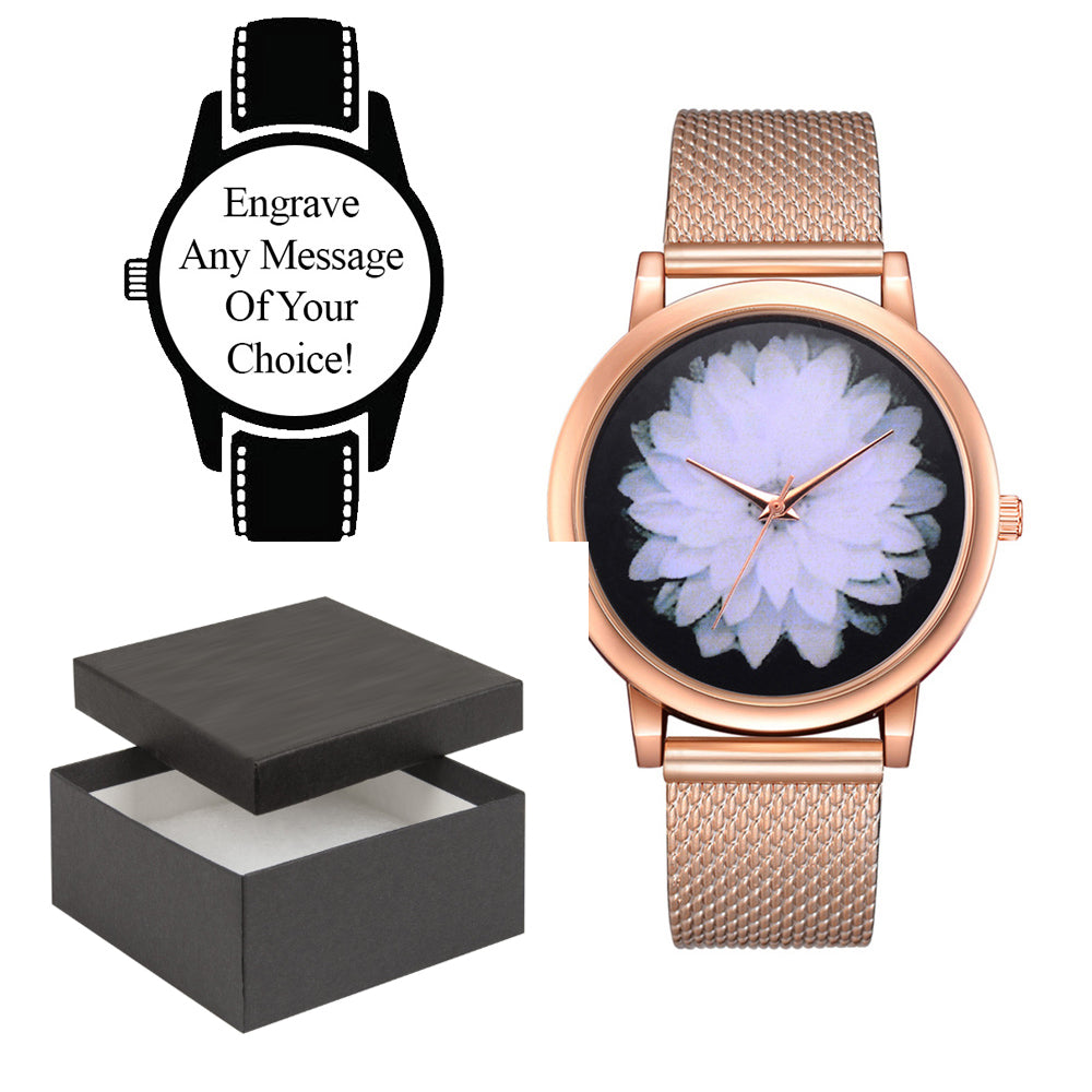 Engraved Gold Metal Strap and Flower Face Watch