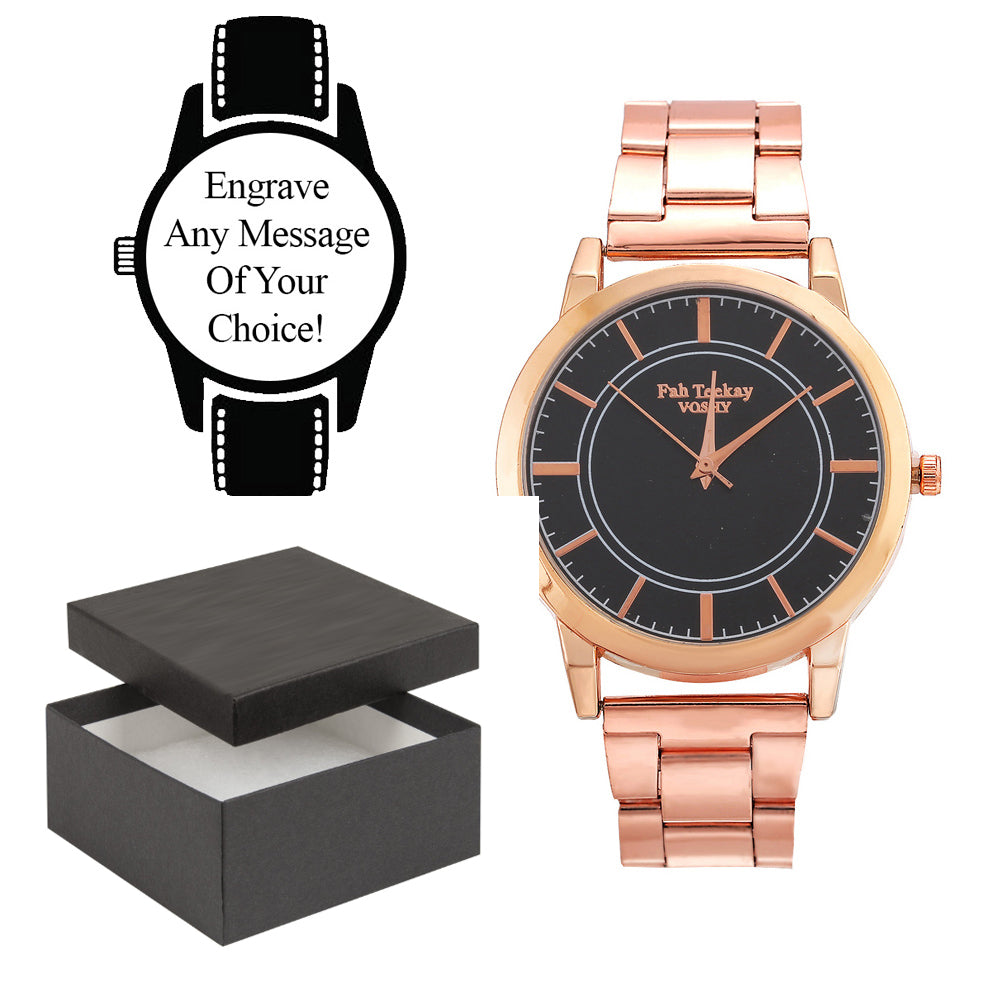 Engraved Gold Metal Strap and Black Face Watch