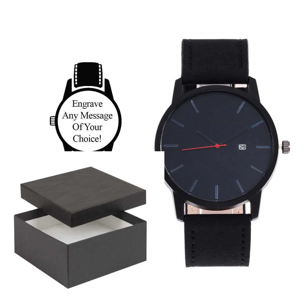 Personalised Engraved Watch Sophisticated Large Black Face with Date and Black Strap