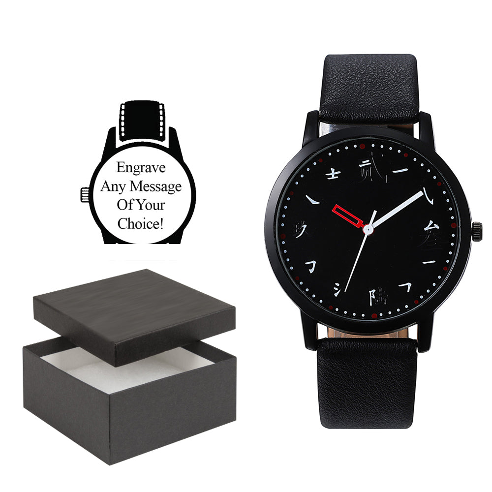 Personalised Engraved Watch Quartz Elegant Black Leather Strap with Creative Chinese Dial