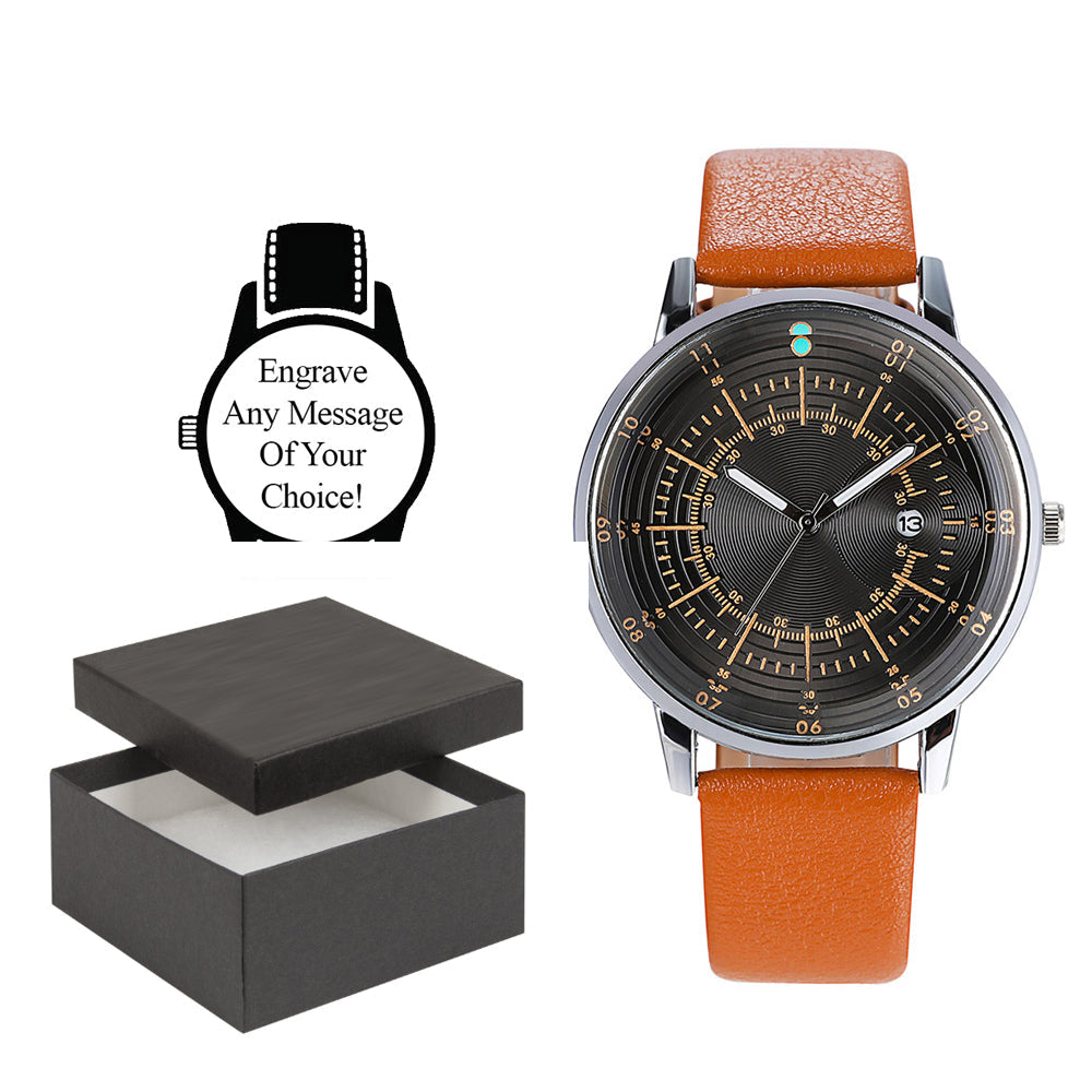 Personalised Engraved Watch Brown Leather Strap With a Face Ready For Business