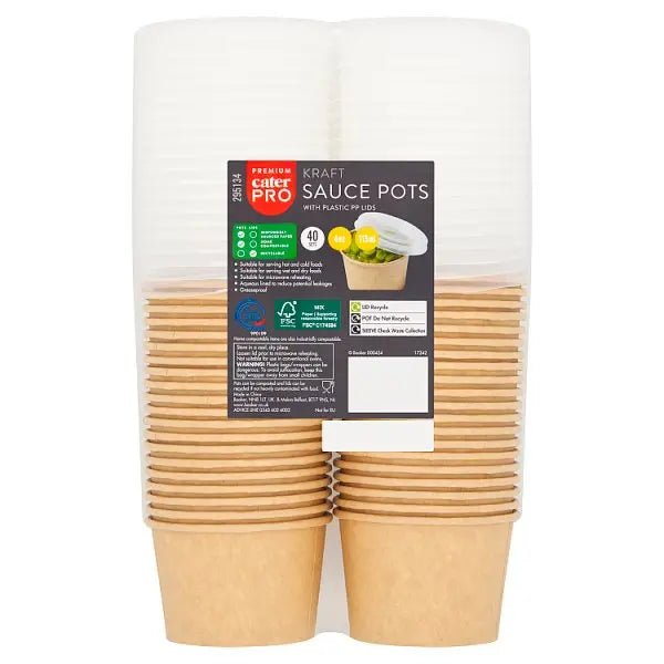 CaterPro 40 Kraft Sauce Pots with Plastic PP Lids 113ml