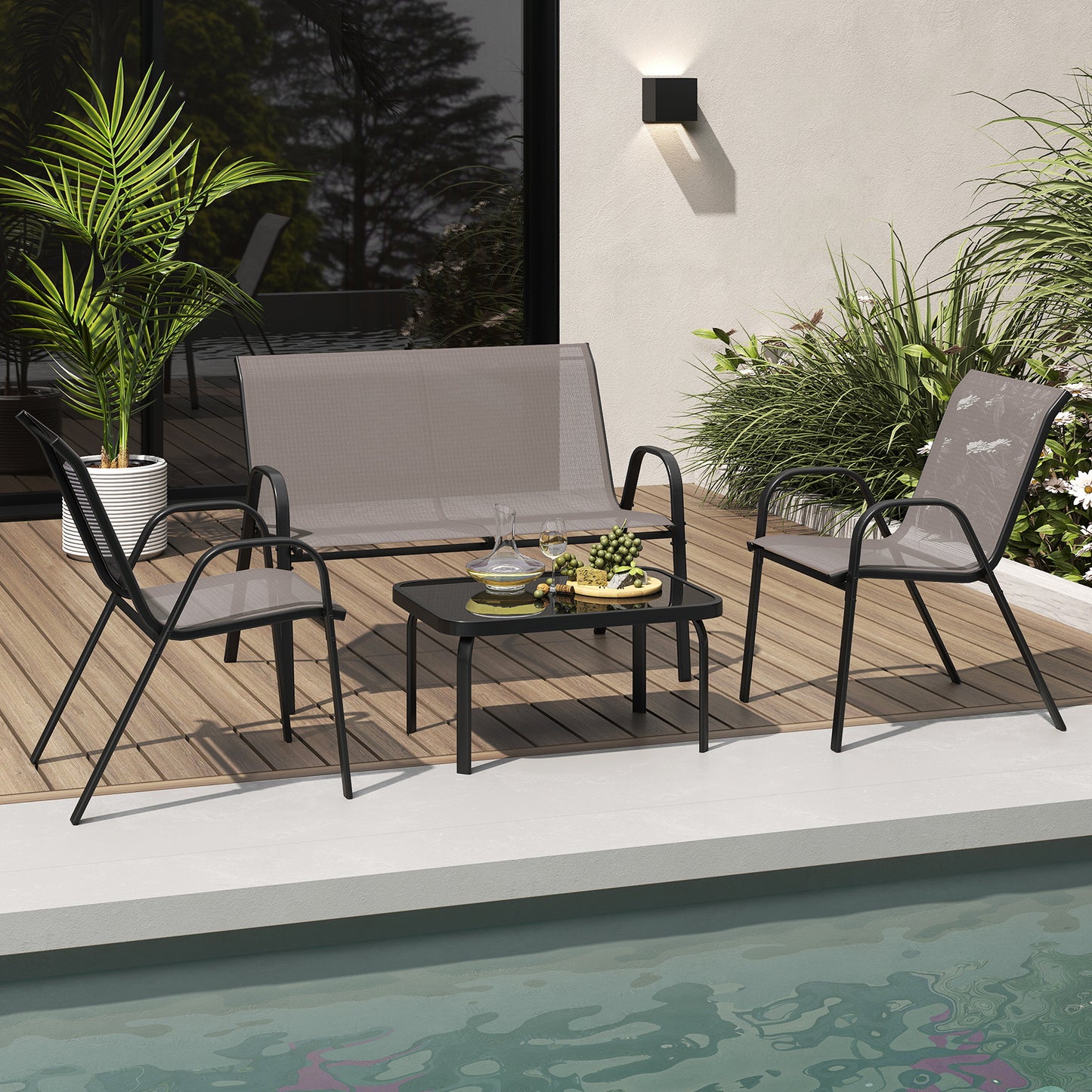 4 Piece Modern Chair and Table Set with Fabric Seat and Tempered Glass Tabletop-Black