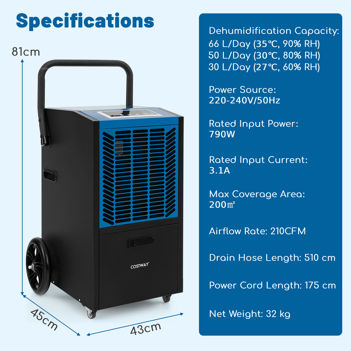 66 L/Day Commercial Dehumidifier with Pump and Drain Hose for Basement Warehouse Job Site-White
