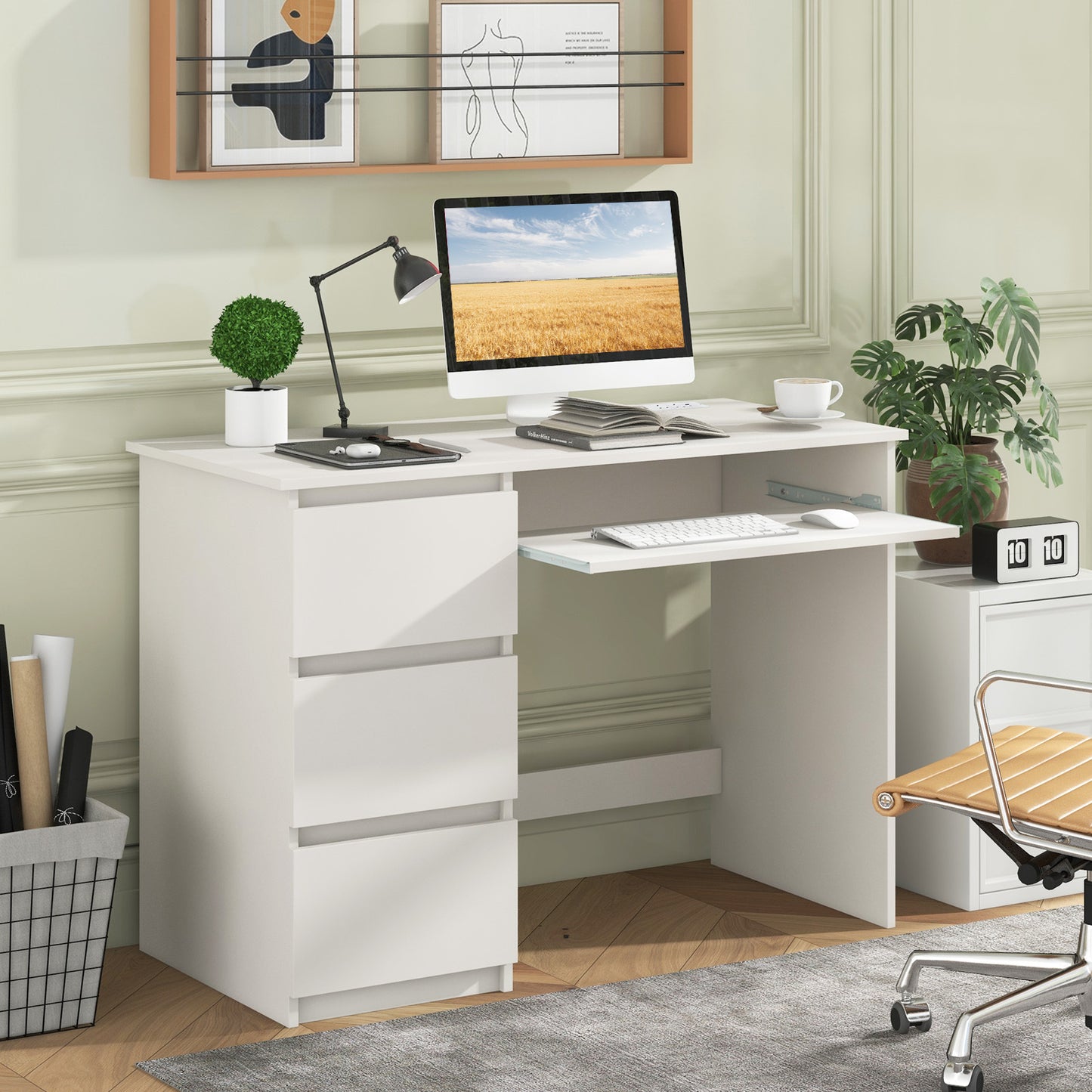 Computer Desk with Power Outlet and 3 Large Drawers-Natural