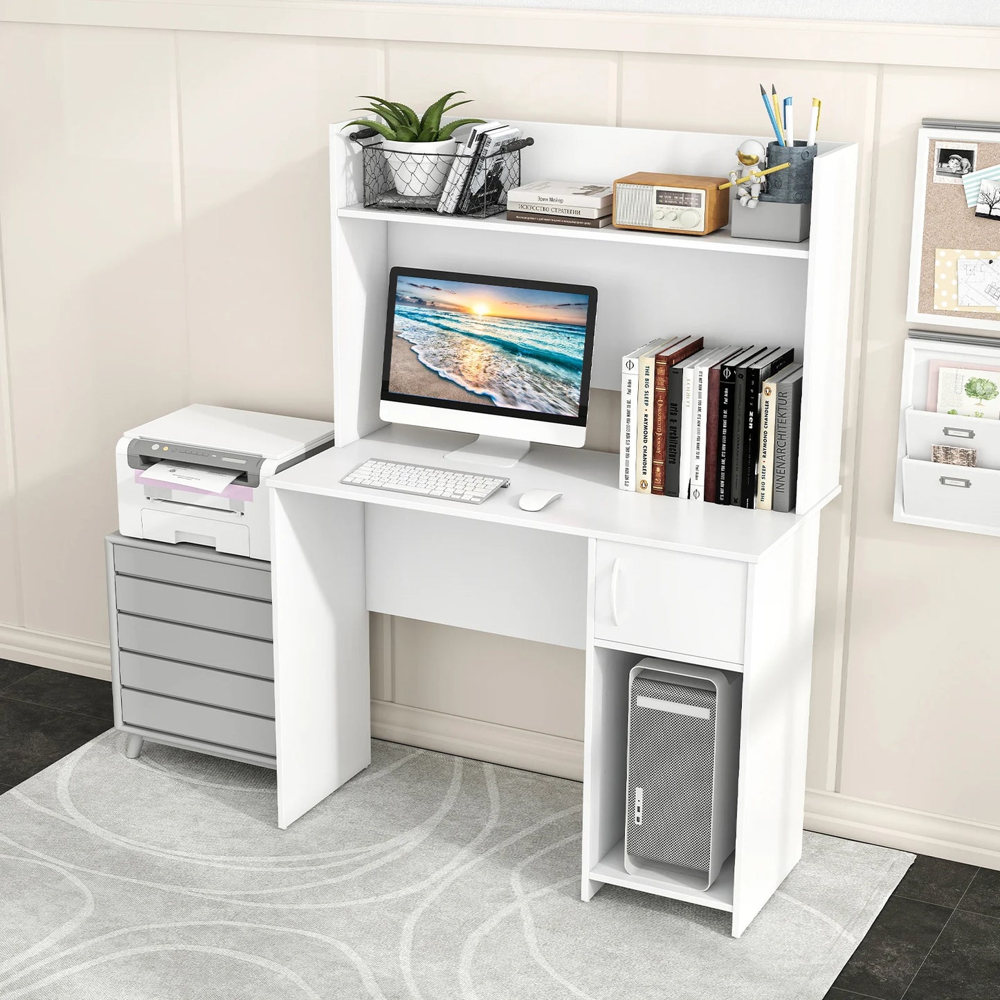 Computer Desk with Hutch and 2 Open Shelves for Home Office-White