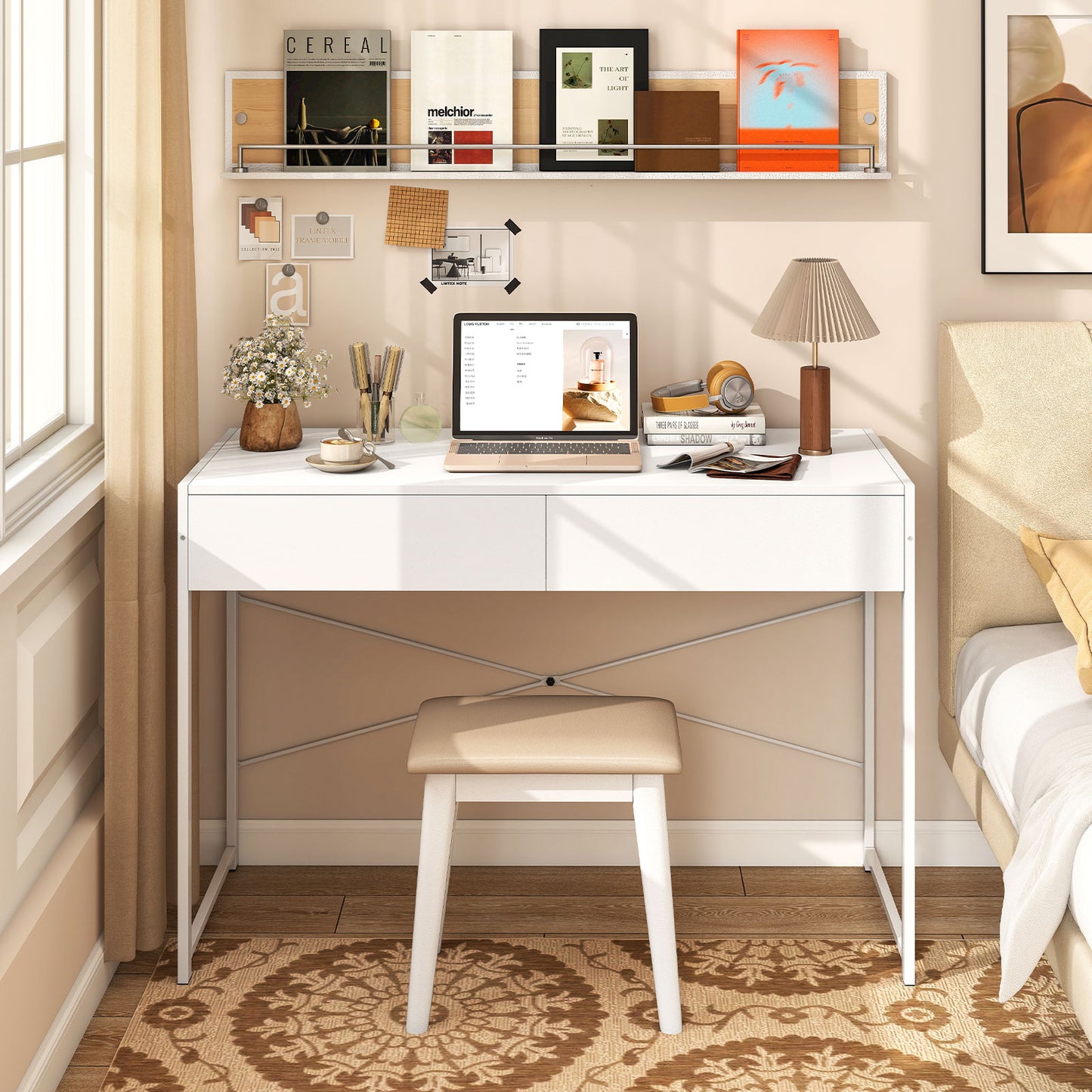 Computer Desk with 2 Drawers Vanity Table with Heavy-Duty Metal Frame-Rustic Brown