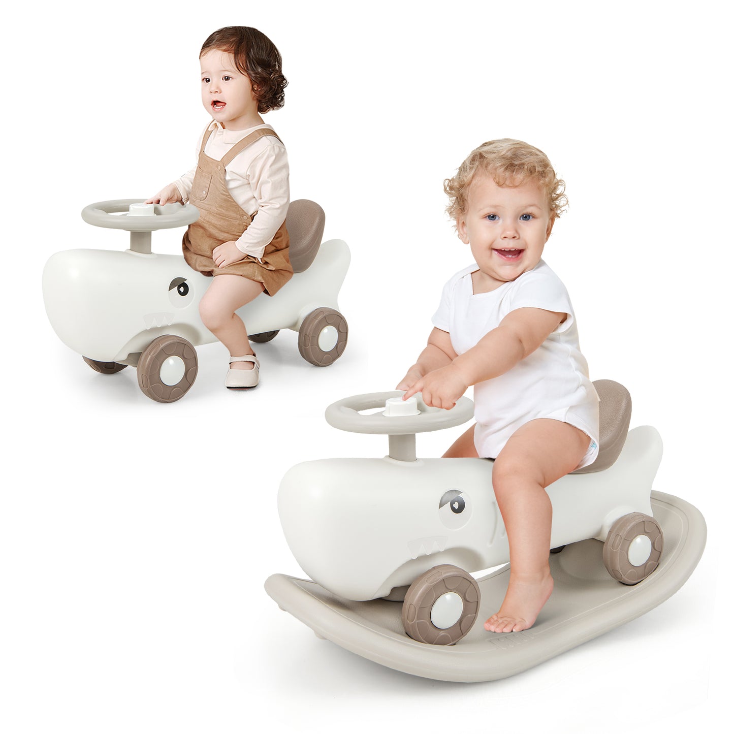 Kids 3-in-1 Convertible Rocking Horse and Sliding Car for Indoor Outdoor Use-Grey