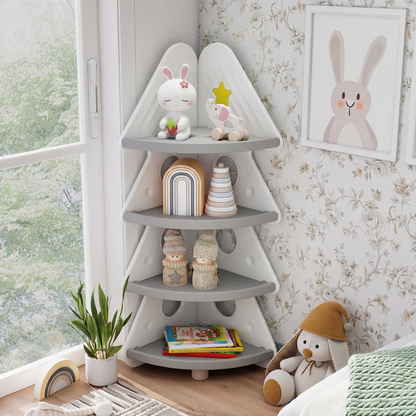 4-Tier Kids Corner Bookshelf for Kids Room and Nursery Playroom-Green