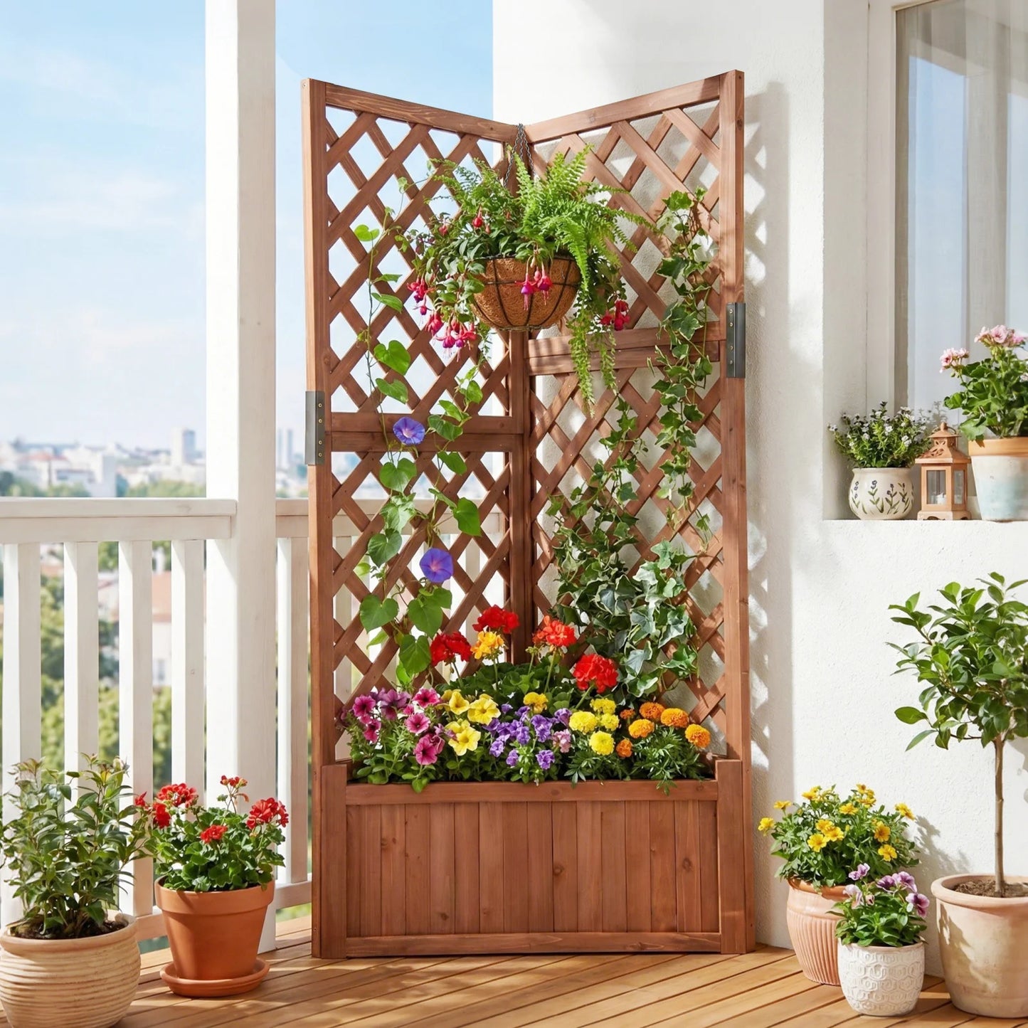 Corner Raised Garden Bed with Lattice Trellises Drainage Holes-Natural