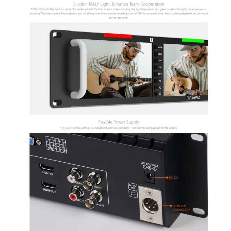 FEELWORLD T51 PLUS-H Triple 5.5 inch 2RU Rackmount Monitor Full HD 4K HDMI SDI AV Monitor (US Plug)