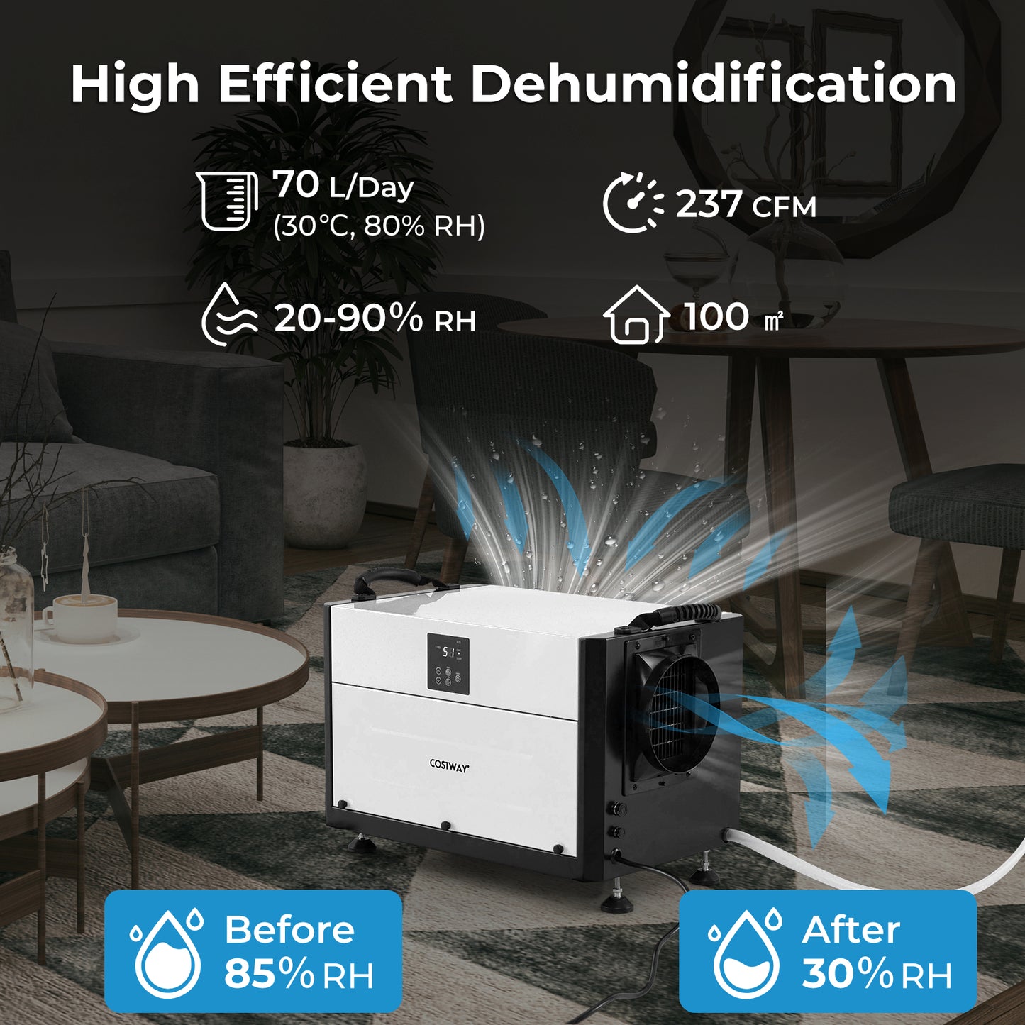 50/70L/Day Crawl Space Dehumidifier with 3 Modes and 24H Timer-Blue-50L