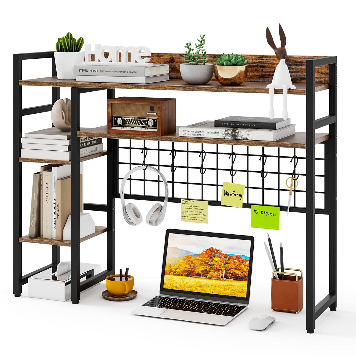 Desktop Bookshelf with 4 Open Storage Shelves for Computer Monitor Up to 32 Inch-Black