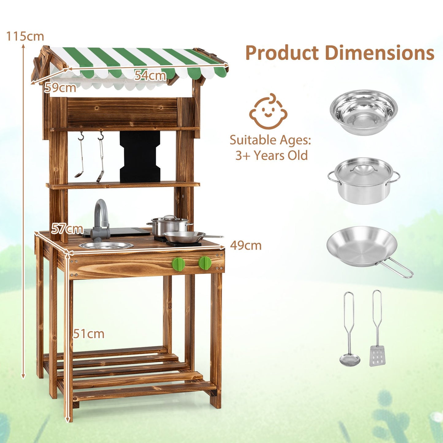 Double-Sided Mud Kitchen Wooden Barbecue Grill Playset with Canopy-Brown