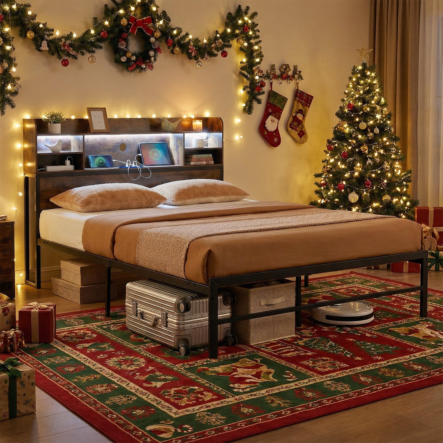 Double/King Size Bed Frame with LED Lights and Charging Station-Rustic Brown-King Size