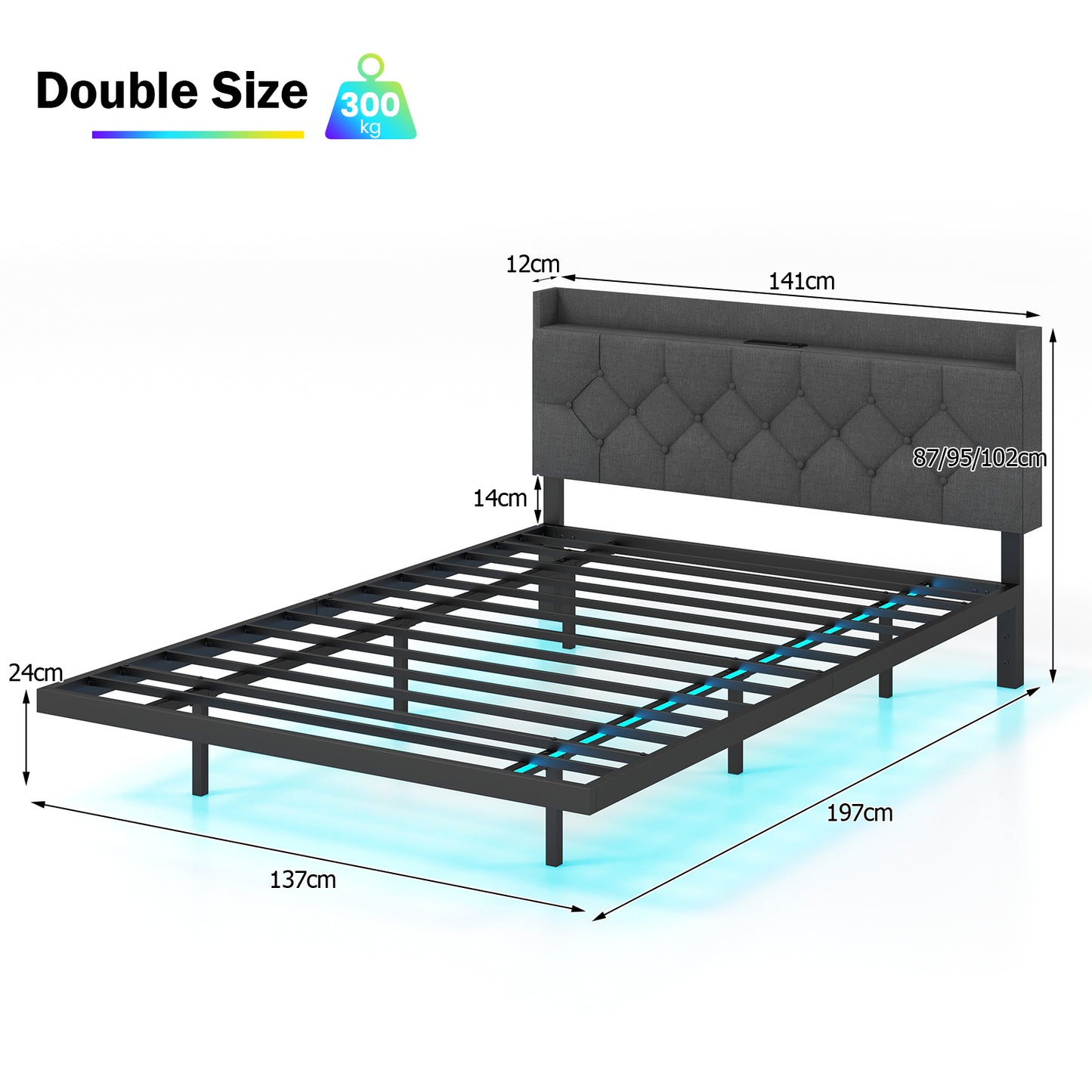 Double/King Size Floating Bed Frame with Adjustable Headboard and Charging Station-Grey-King Size
