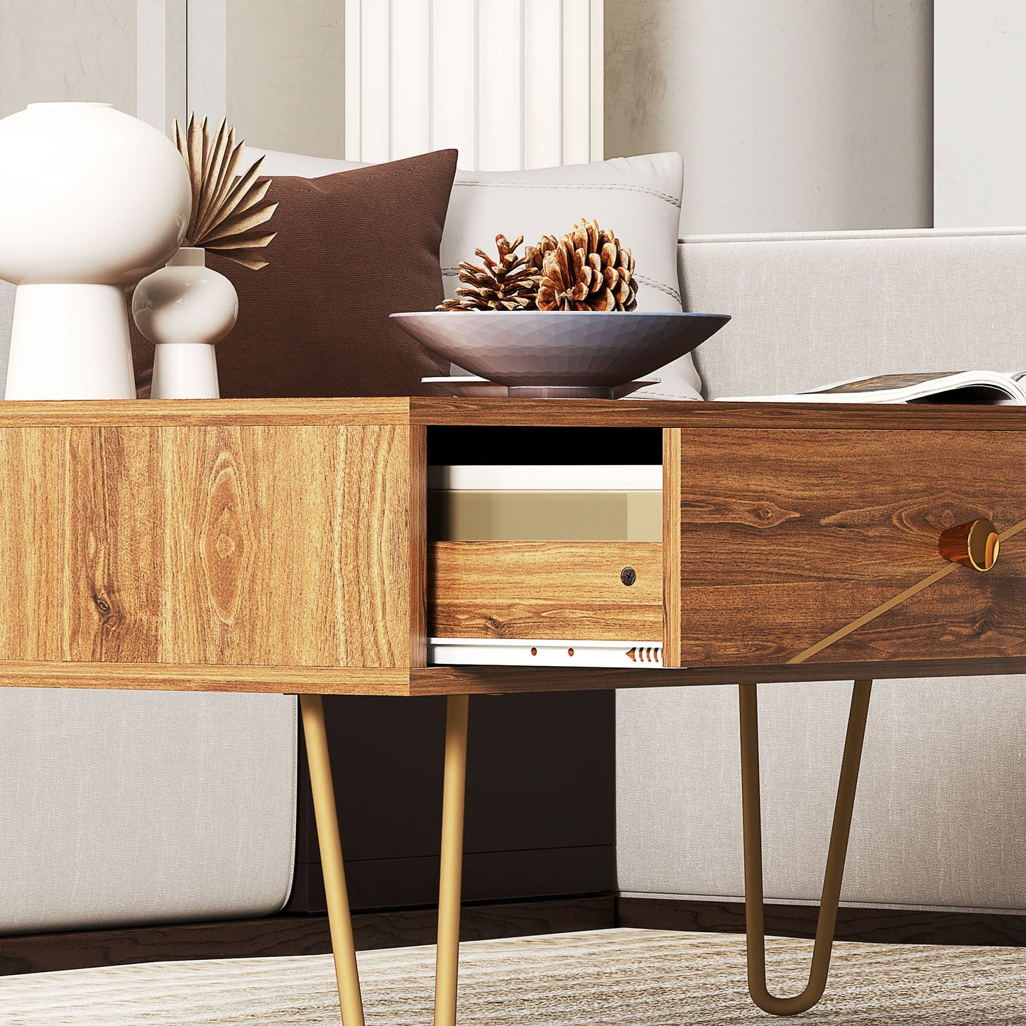 HOMCOM Coffee Table with Drawers, Living Room Table with Steel Base
