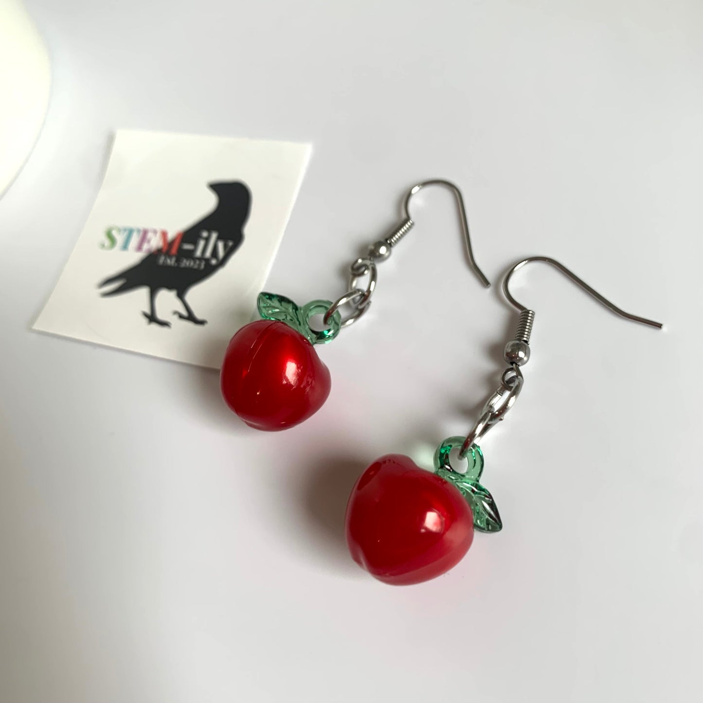 Red and green stainless steel apple teacher drop dangle earrings on hypoallergenic surgical steel hooks