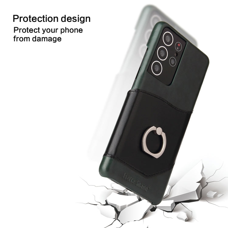 For Samsung Galaxy S21 Ultra 5G Fierre Shann Oil Wax Texture Genuine Leather Back Cover Case with 360 Degree Rotation Holder & Card Slot(Black)