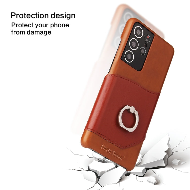 For Samsung Galaxy S21 Ultra 5G Fierre Shann Oil Wax Texture Genuine Leather Back Cover Case with 360 Degree Rotation Holder & Card Slot(Brown)