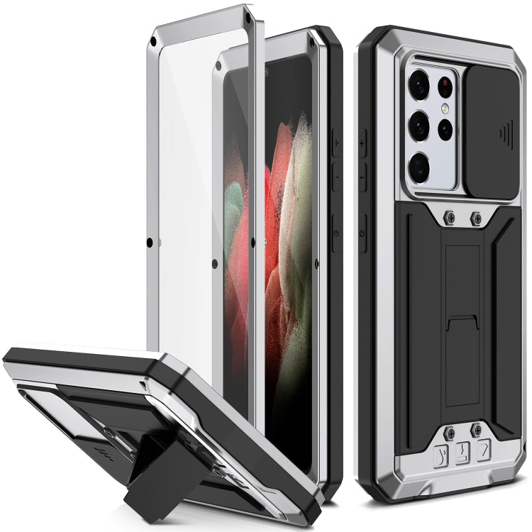 R-JUST Sliding Lens Cover Shockproof Dustproof Waterproof Metal + Silicone Case with Invisible Holder, For Samsung Galaxy S21 Ultra 5G